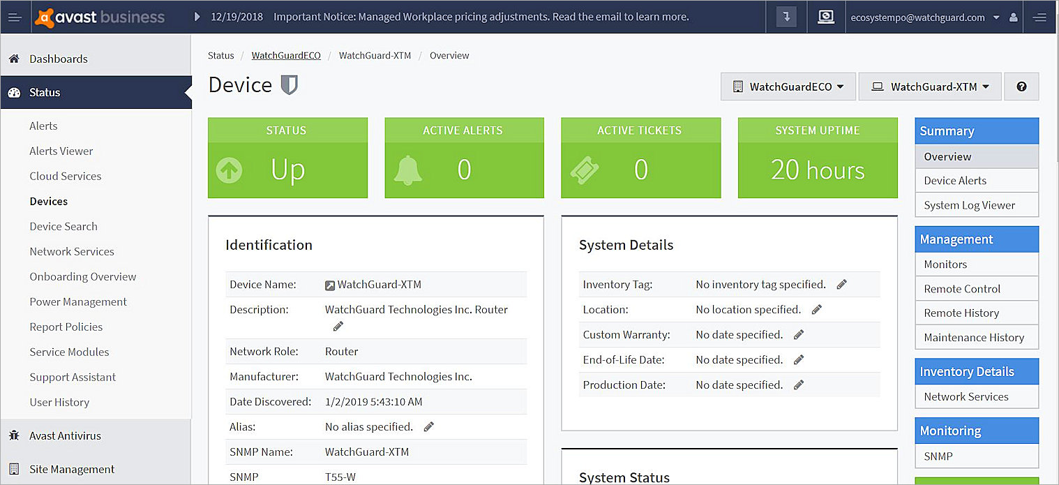 Screenshot of AVG Business Site Management, Status, Devices dialog box